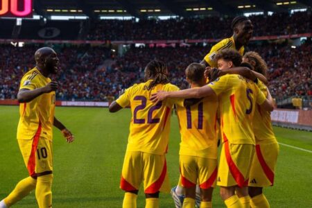 روميلو لوكاكو يحتفل بهدفه الـ 90 مع منتخب بلجيكا ضد كرواتيا